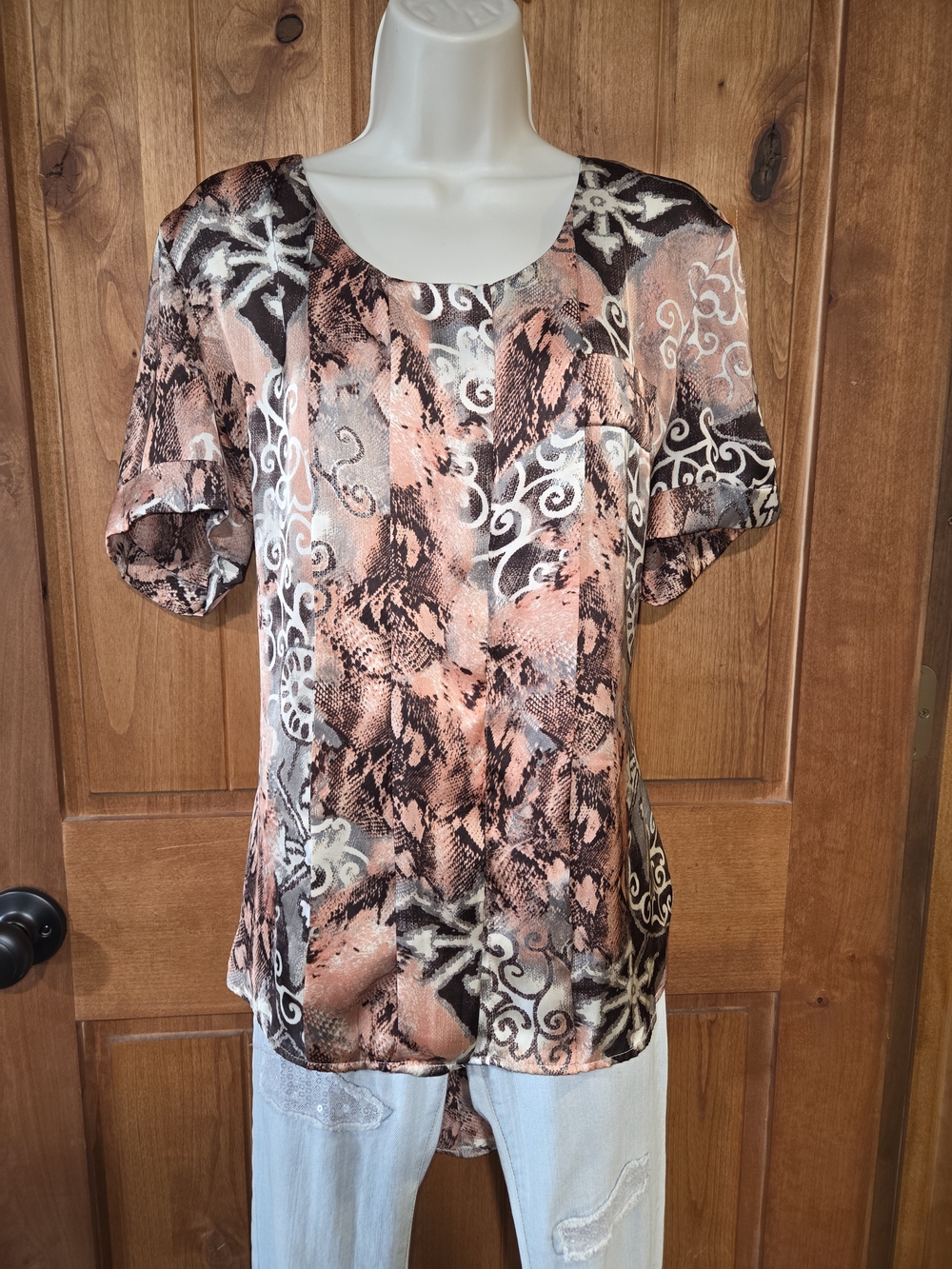 Milano Peach and Brown Printed Short Sleeve Blouse
